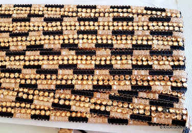 Black And Gold Shimmer Lace Trim With Diamante Beads Embellishments, Approx. 21mm Wide, - 140316L189